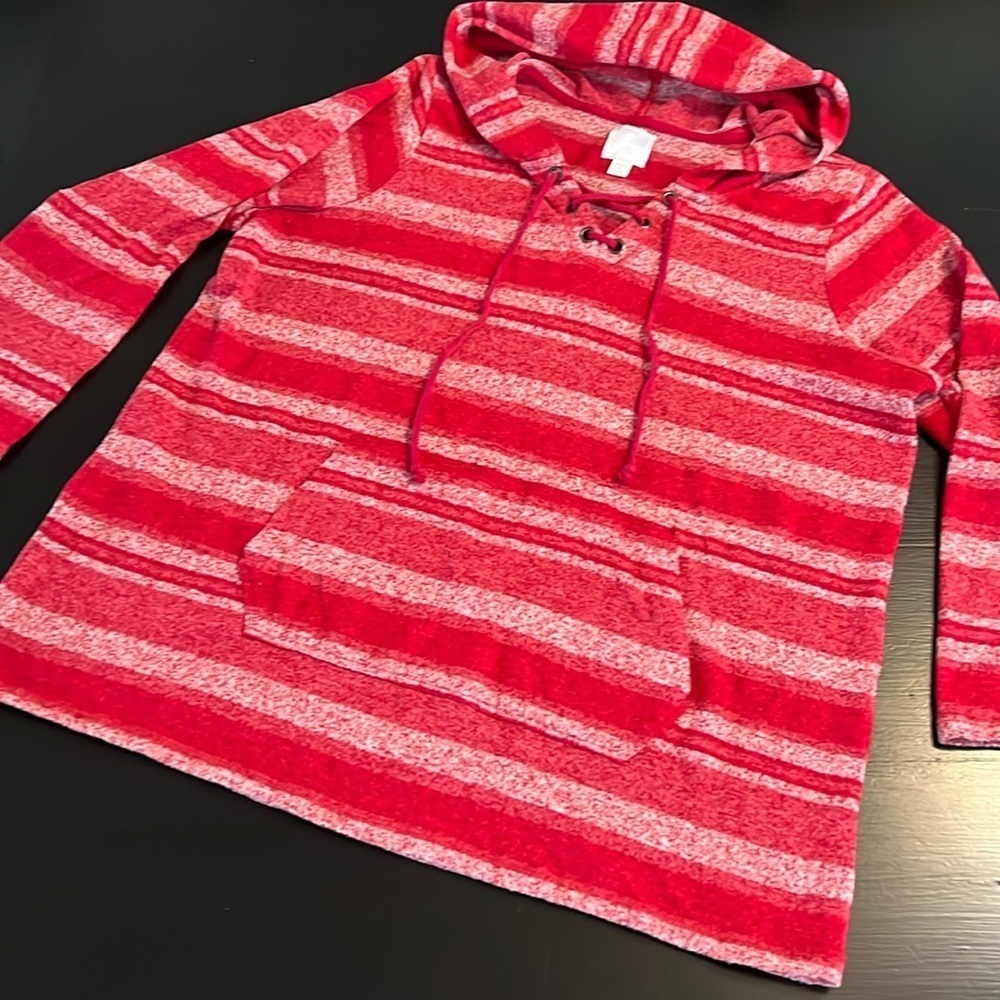Sunday Boho Womens Hoodie Red‎ White Striped Lace Up Pullover Size 1X